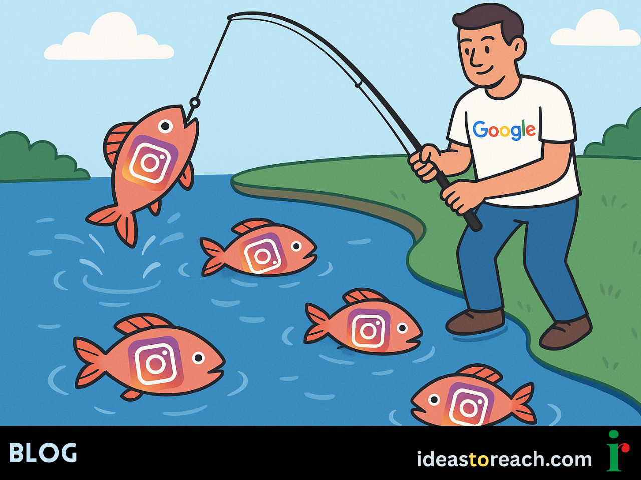 Cartoon of Google fishing Instagram content from a pond, symbolizing Google pulling Instagram posts into its search results to train AI and compete in the generative space.